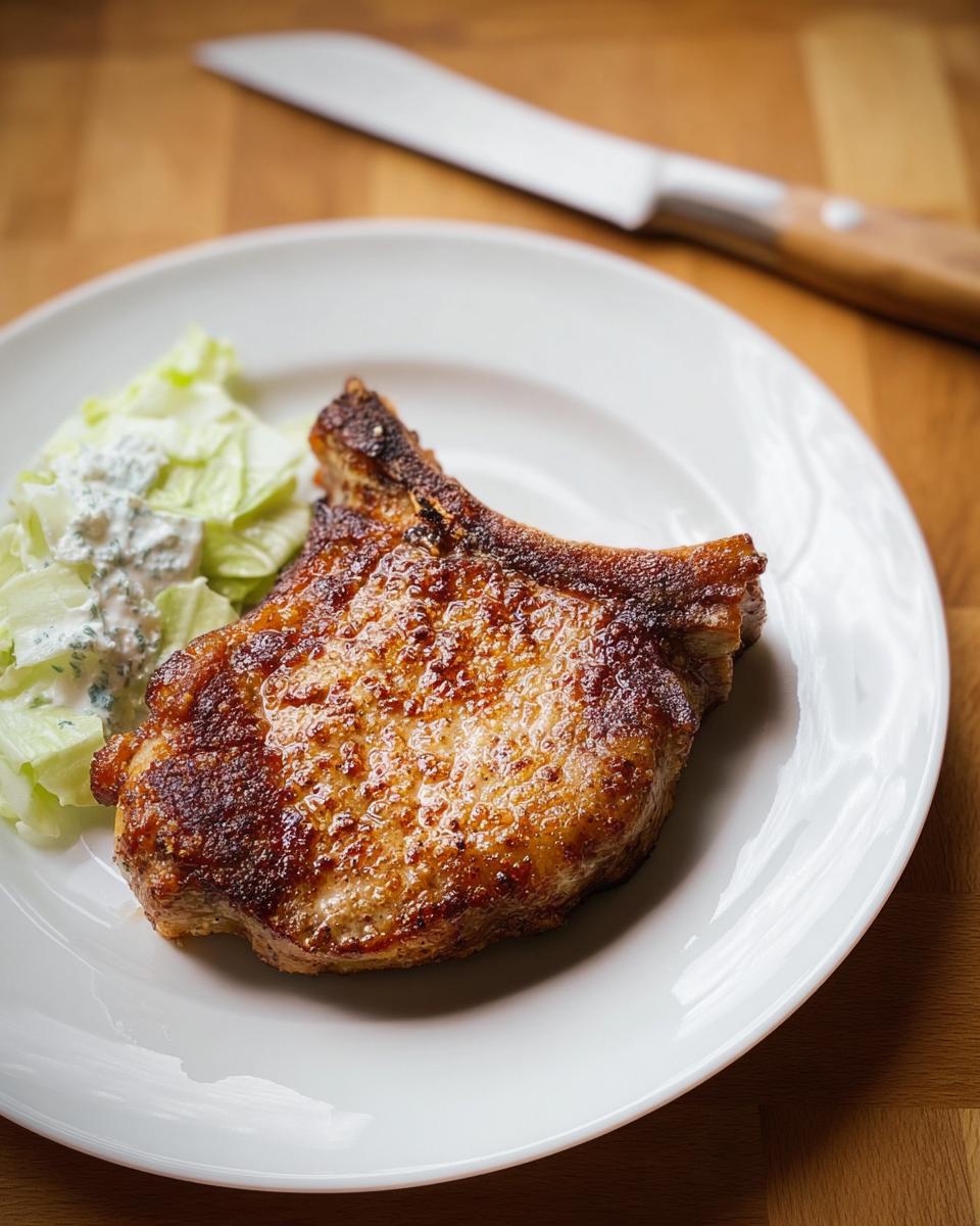 A perfectly cooked pork chop served with a fresh green salad and a creamy dressing.