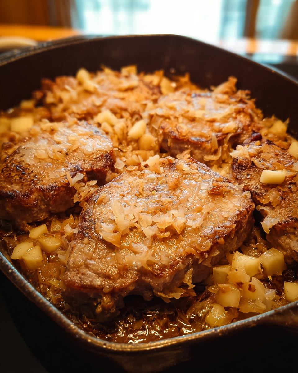 Close-up of juicy pork chops baked with onions and potatoes, a perfect weeknight winner.