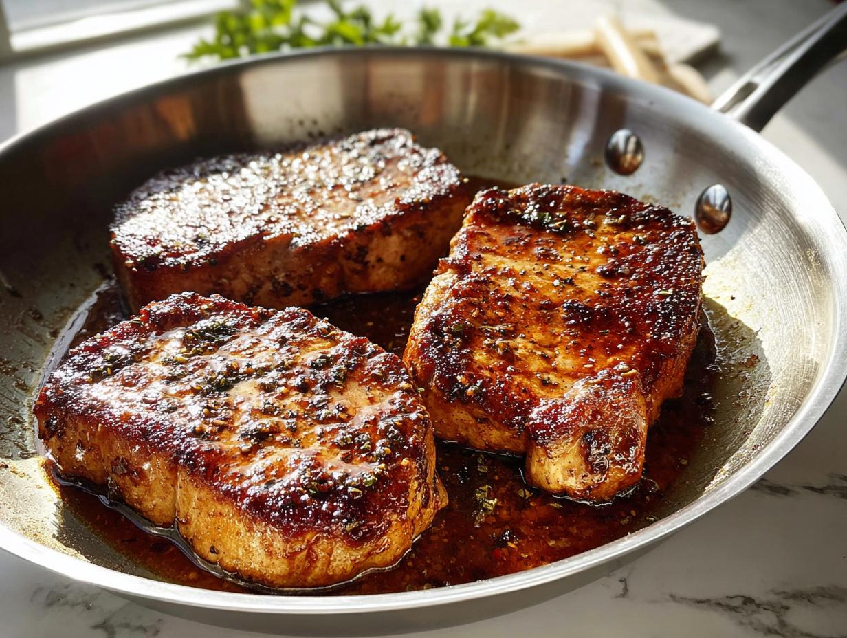 Three juicy pork chops are pan-seared and glistening in a sauce, perfect for pork chops recipes meal prep.