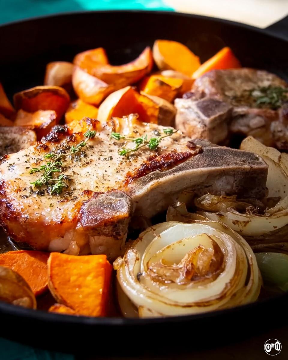 Close-up of juicy pork chops with roasted sweet potatoes and caramelized onions in a cast iron skillet.