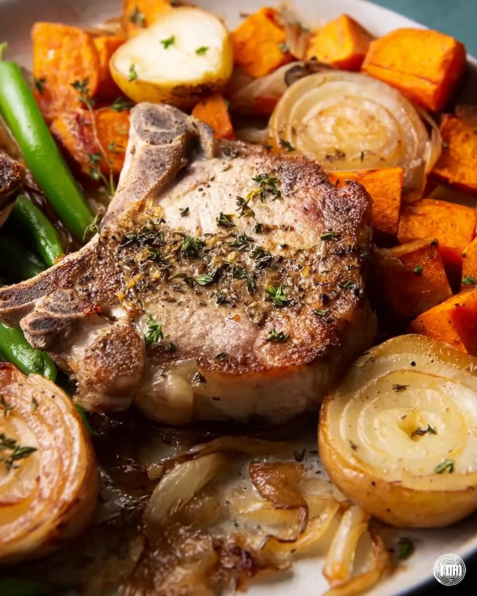 Close-up of a perfectly cooked pork chop with roasted sweet potatoes, onions, and green beans.