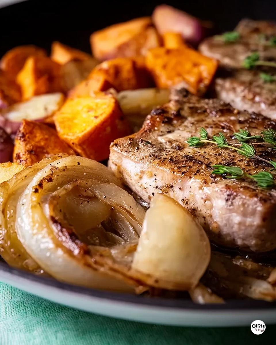 Close-up of perfectly cooked pork chops served with roasted sweet potatoes and caramelized onions.