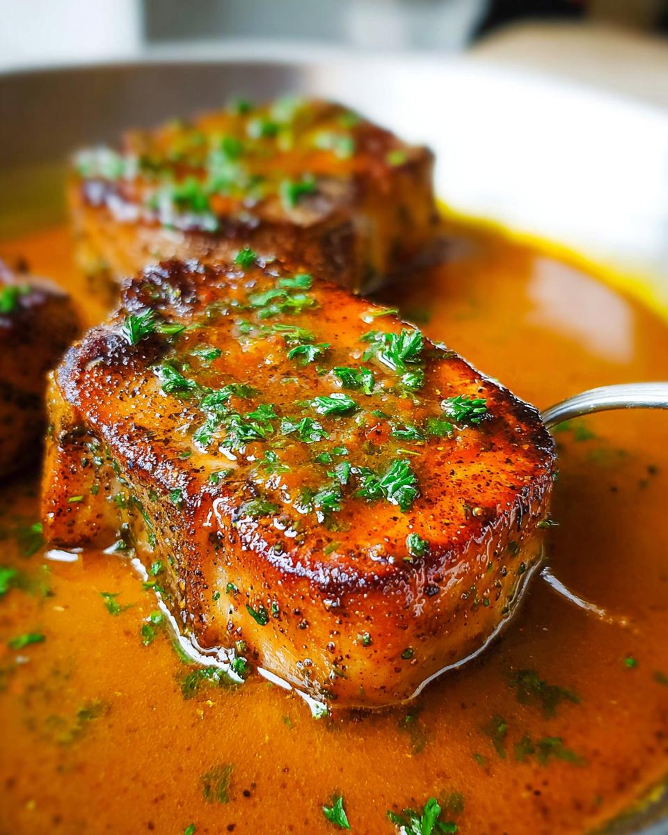 Close-up of perfectly cooked pork chops in a rich, savory sauce, garnished with fresh parsley.