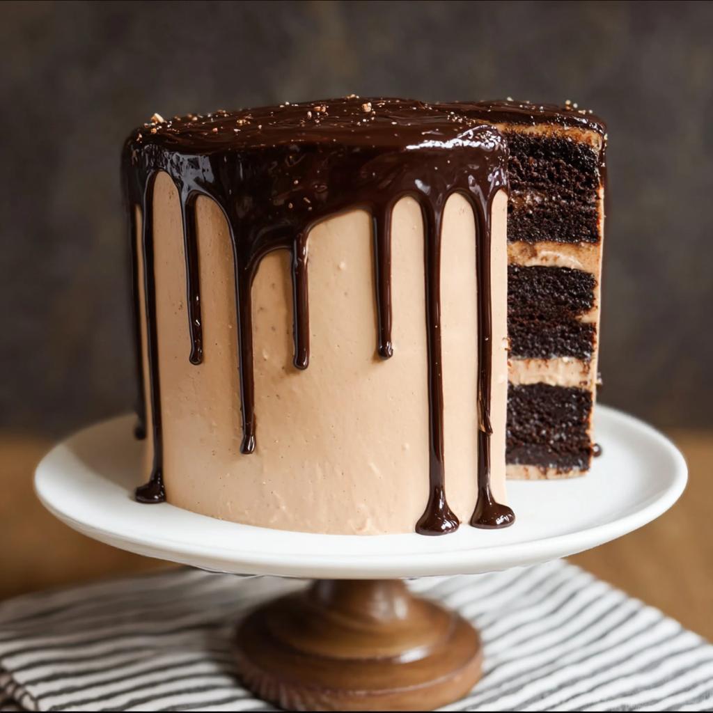 A tall, multi-layered chocolate cake with smooth mocha frosting and rich chocolate ganache drips, showcasing expert cake ideas recipes.