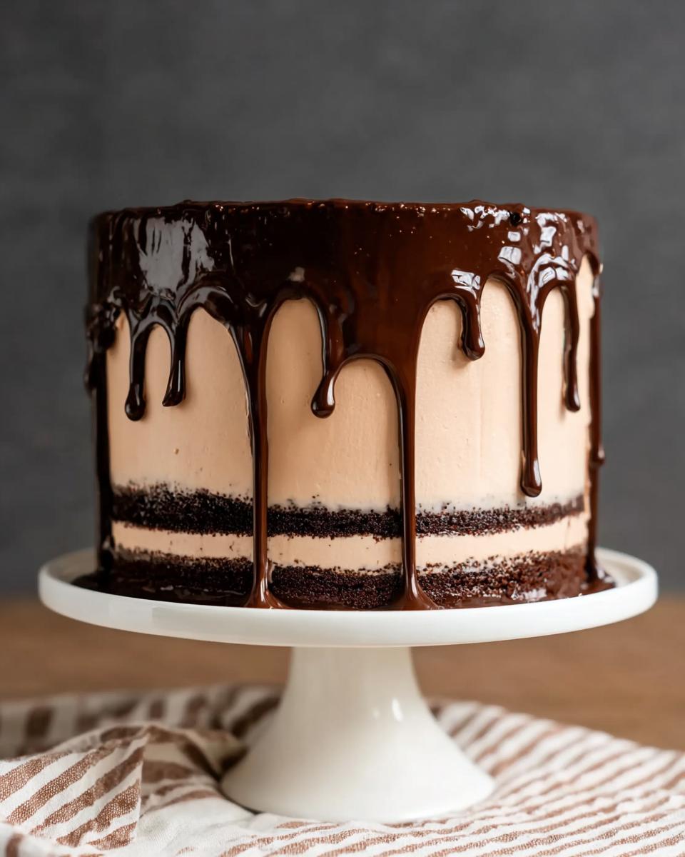 A decadent chocolate cake with layers of chocolate cake and mocha frosting, topped with chocolate ganache drips.