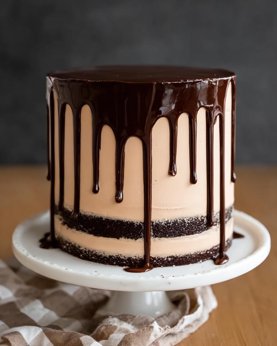A stunning chocolate drip cake with layers of chocolate cake and cream frosting, perfect for cake ideas recipes.