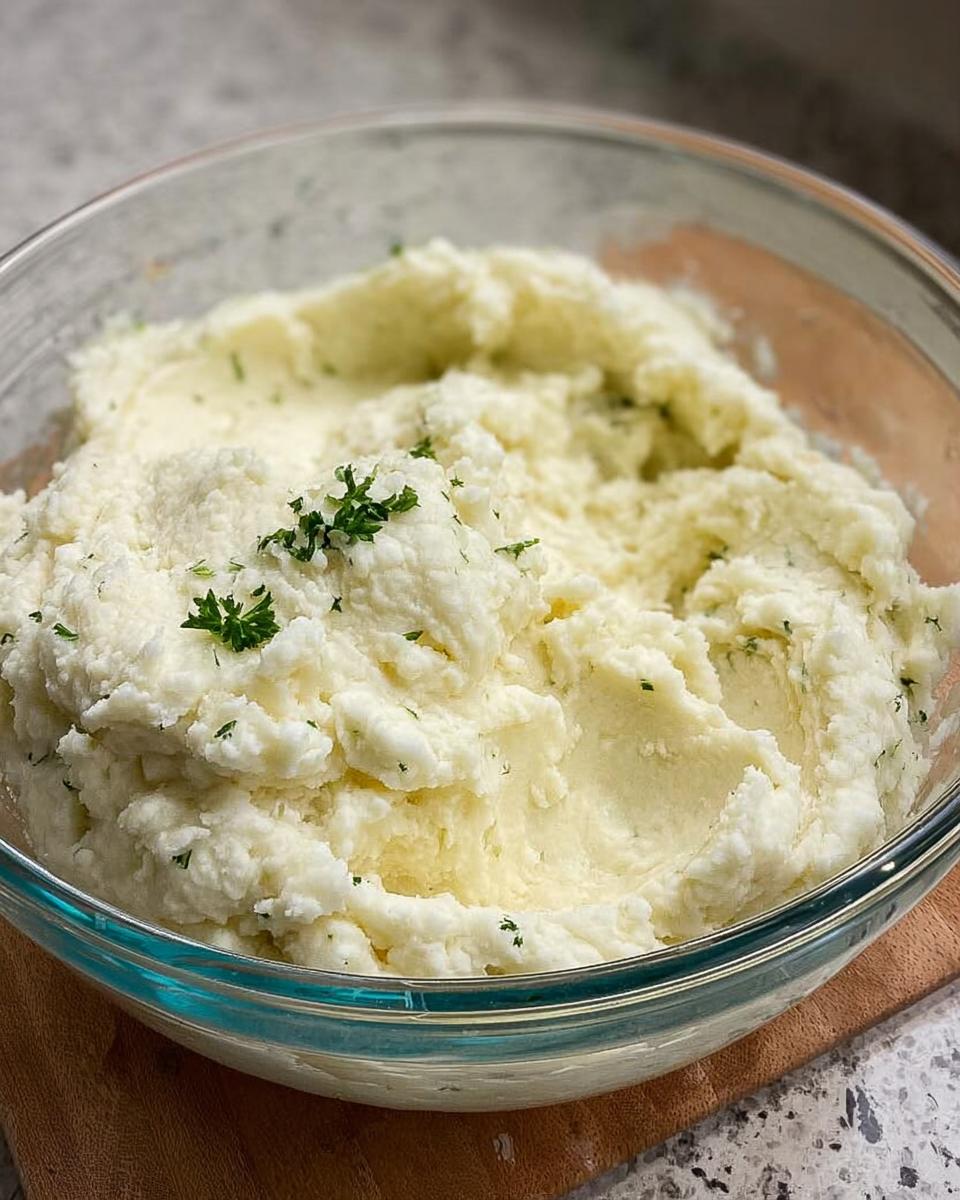 Close-up of creamy mashed potatoes recipe in a glass bowl, garnished with fresh parsley.