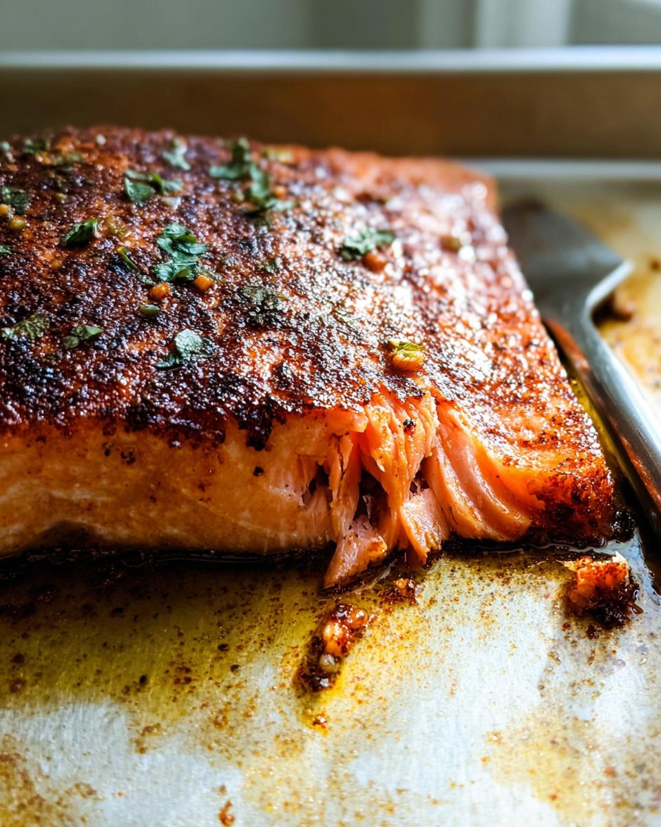 Close-up of a perfectly cooked salmon fillet with a crispy crust, seasoned and garnished with herbs.