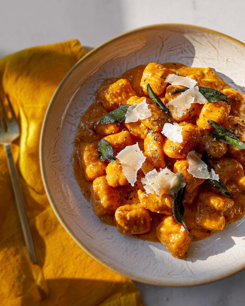 Close-up of pumpkin gnocchi pasta in a creamy sauce, topped with sage and parmesan.
