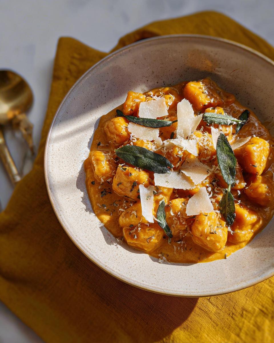 A close-up of creamy pumpkin gnocchi pasta, topped with fresh sage leaves and shaved parmesan cheese.