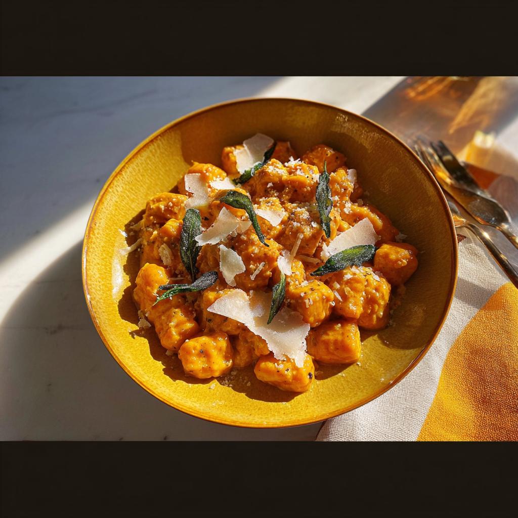 A close-up of pumpkin gnocchi pasta in a yellow bowl, topped with parmesan cheese and sage leaves.