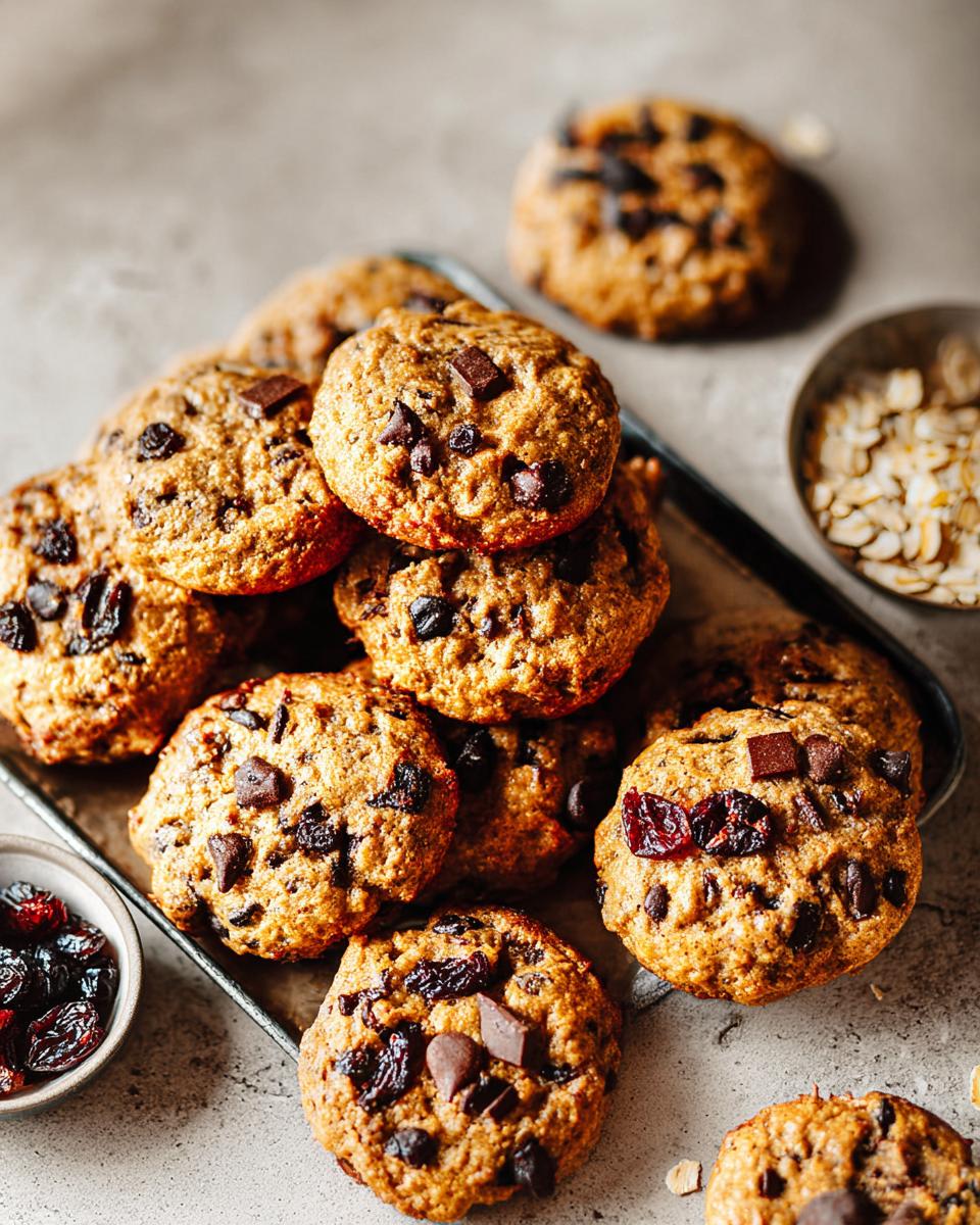 Stack of chocolate chip cookies with dried cranberries, perfect for breakfast ideas recipes in 20 minutes.