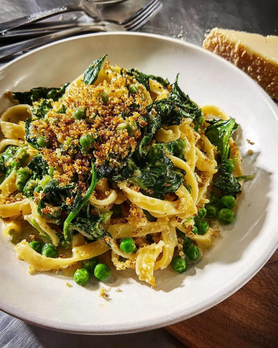 A close-up of a healthy meal recipe: pasta with peas, wilted greens, and toasted breadcrumbs, perfect for quick weeknight dinners.