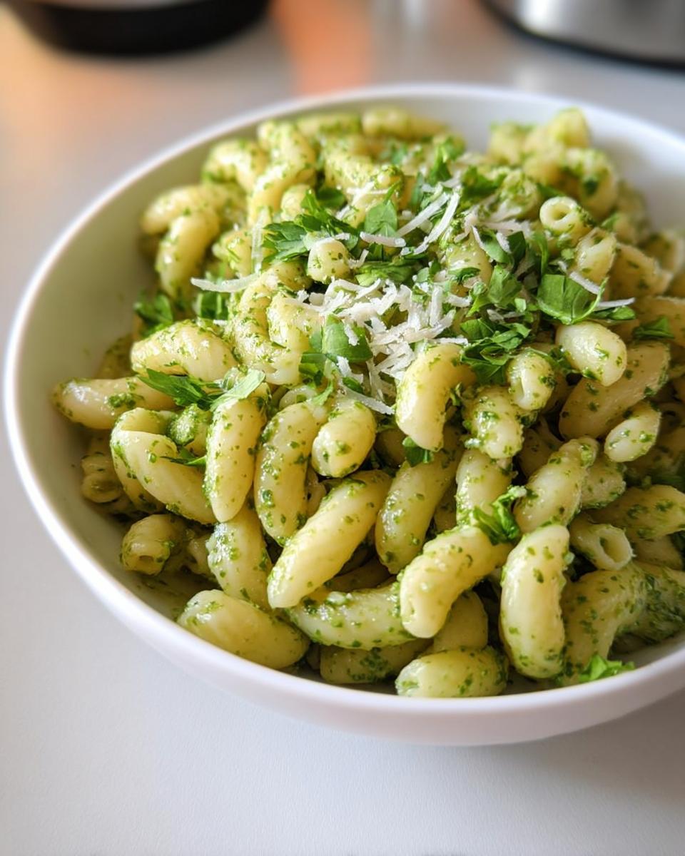 A bowl of delicious pesto pasta, garnished with fresh parsley and grated cheese. Perfect for quick pasta recipes.