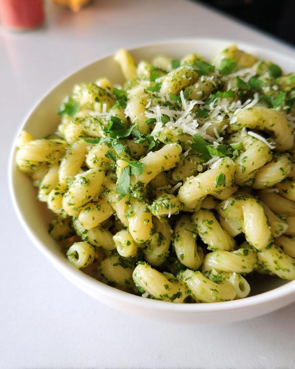 A bowl of delicious pasta with pesto sauce and grated parmesan cheese, perfect for quick pasta recipes.