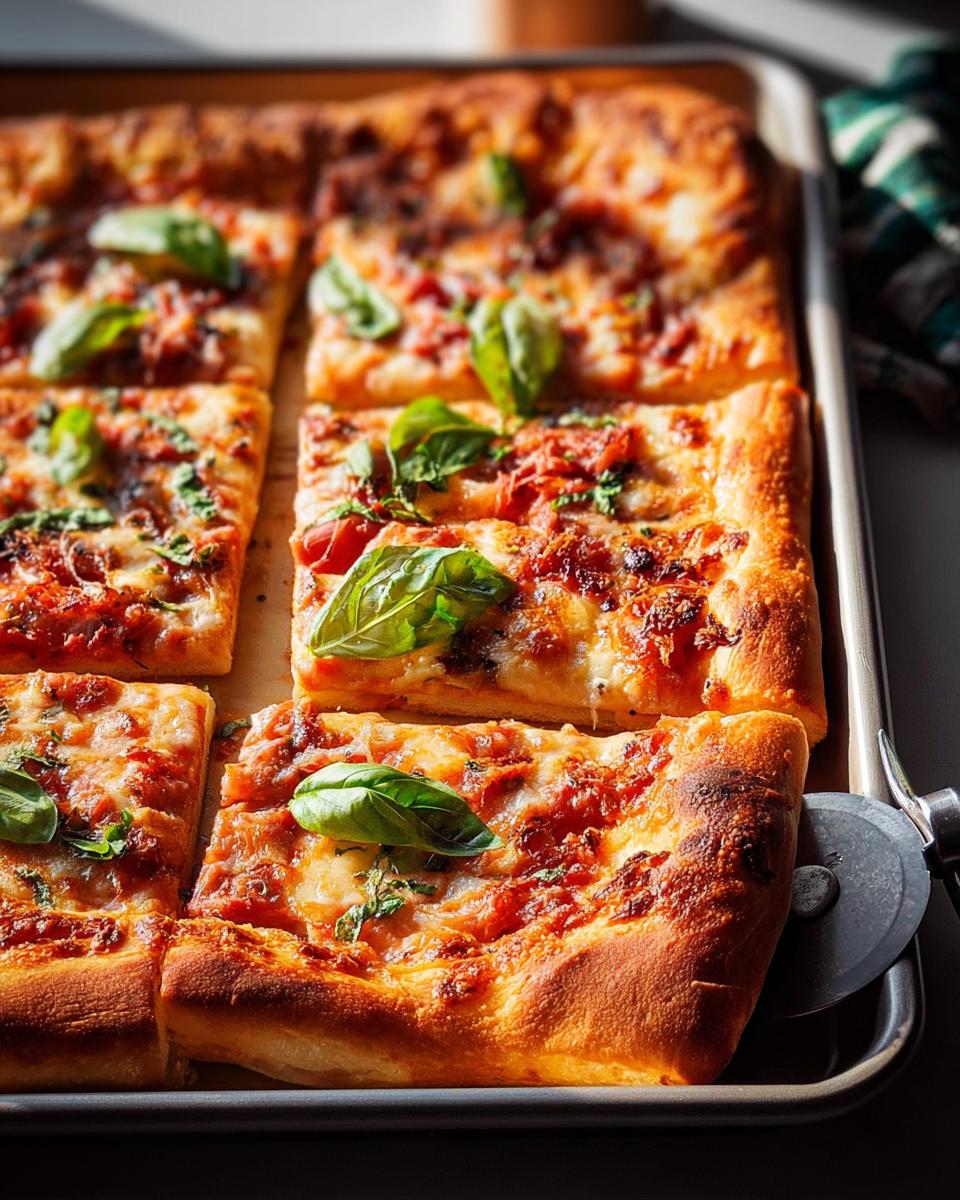 Close-up of a freshly baked rectangular pizza, cut into squares and topped with tomato sauce, cheese, and basil, perfect for Pizza Night Recipes in 10 Minutes.