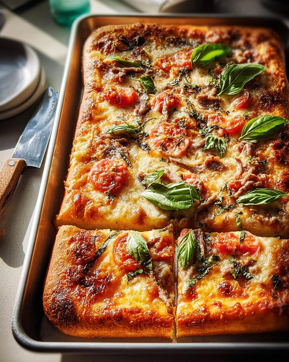A freshly baked rectangular pizza with melted cheese, tomatoes, and basil, perfect for quick pizza night recipes.