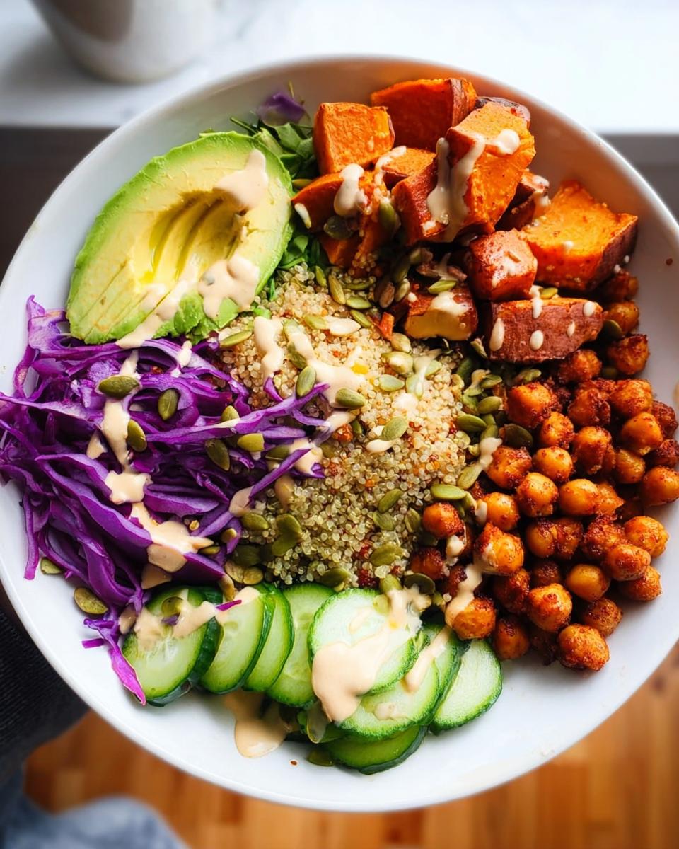 A vibrant and healthy quinoa rice bowl recipe filled with roasted sweet potatoes, chickpeas, avocado, red cabbage, and cucumber, drizzled with tahini dressing.