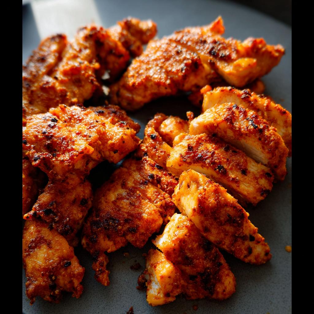 Close-up of perfectly cooked restaurant-style air fryer chicken pieces, seasoned and golden brown.