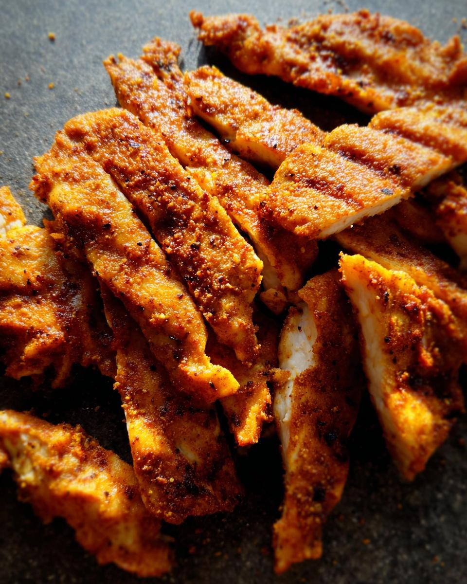 Close-up of crispy, seasoned slices of restaurant-style air fryer chicken.