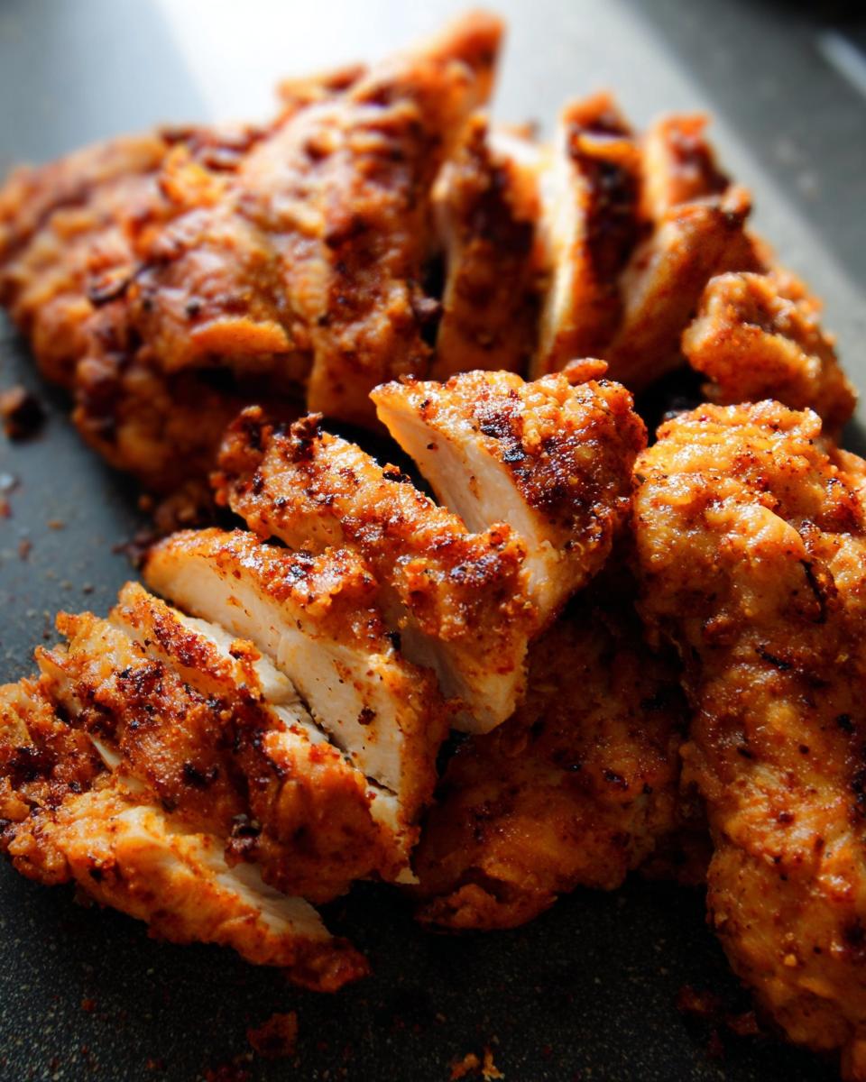 Close-up of sliced restaurant-style air fryer chicken, seasoned with spices and perfectly cooked.