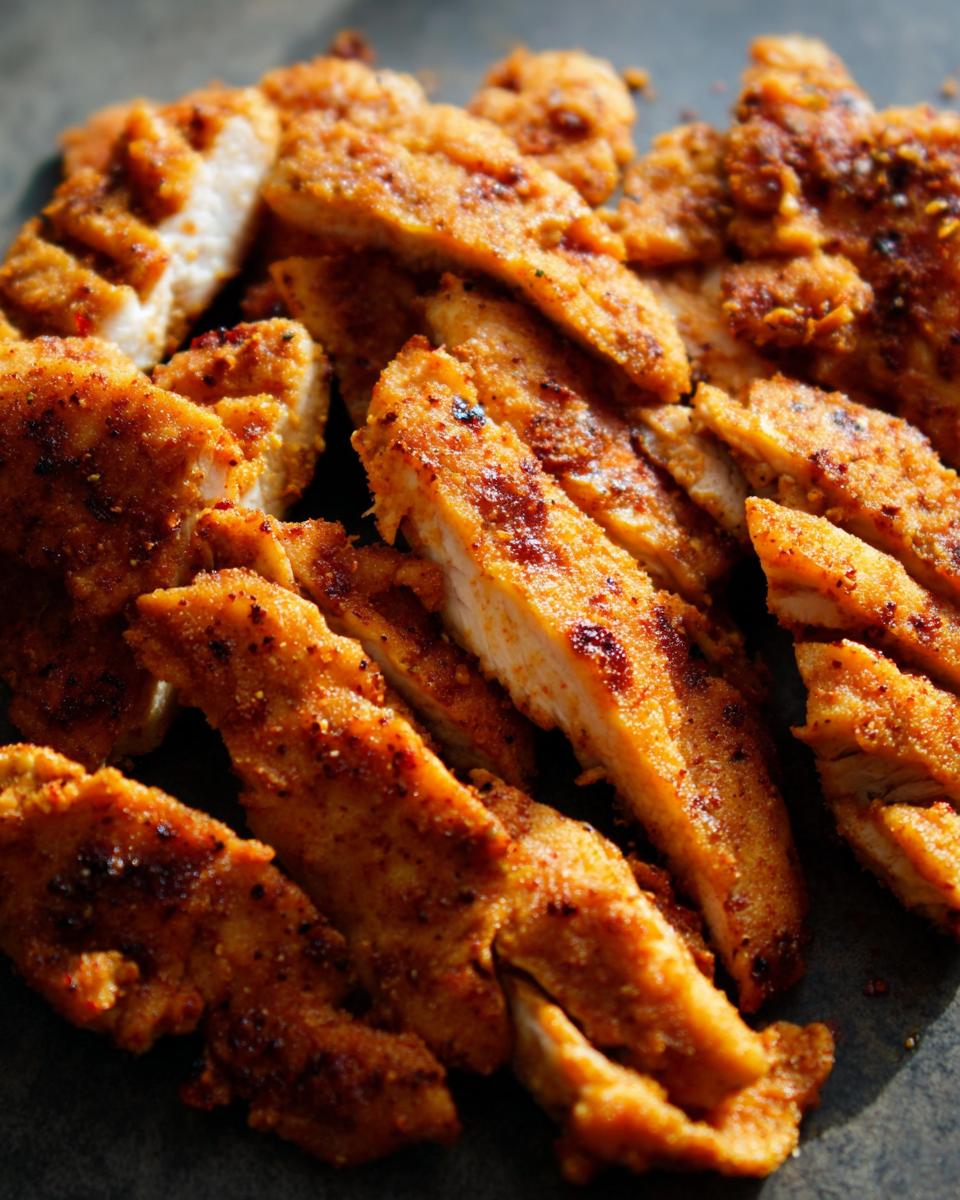 Close-up of crispy, seasoned restaurant-style air fryer chicken strips.