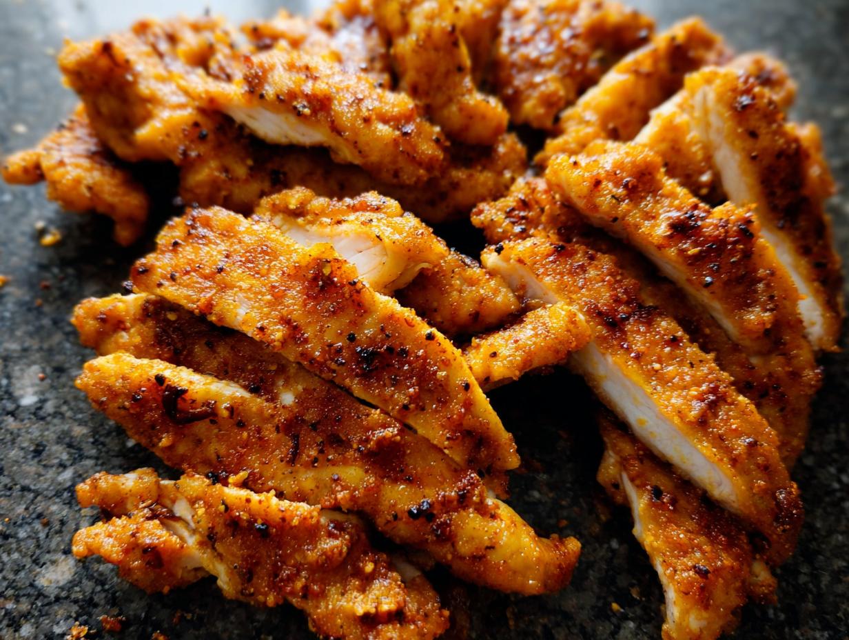 Close-up of perfectly cooked restaurant-style air fryer chicken strips, seasoned and sliced.