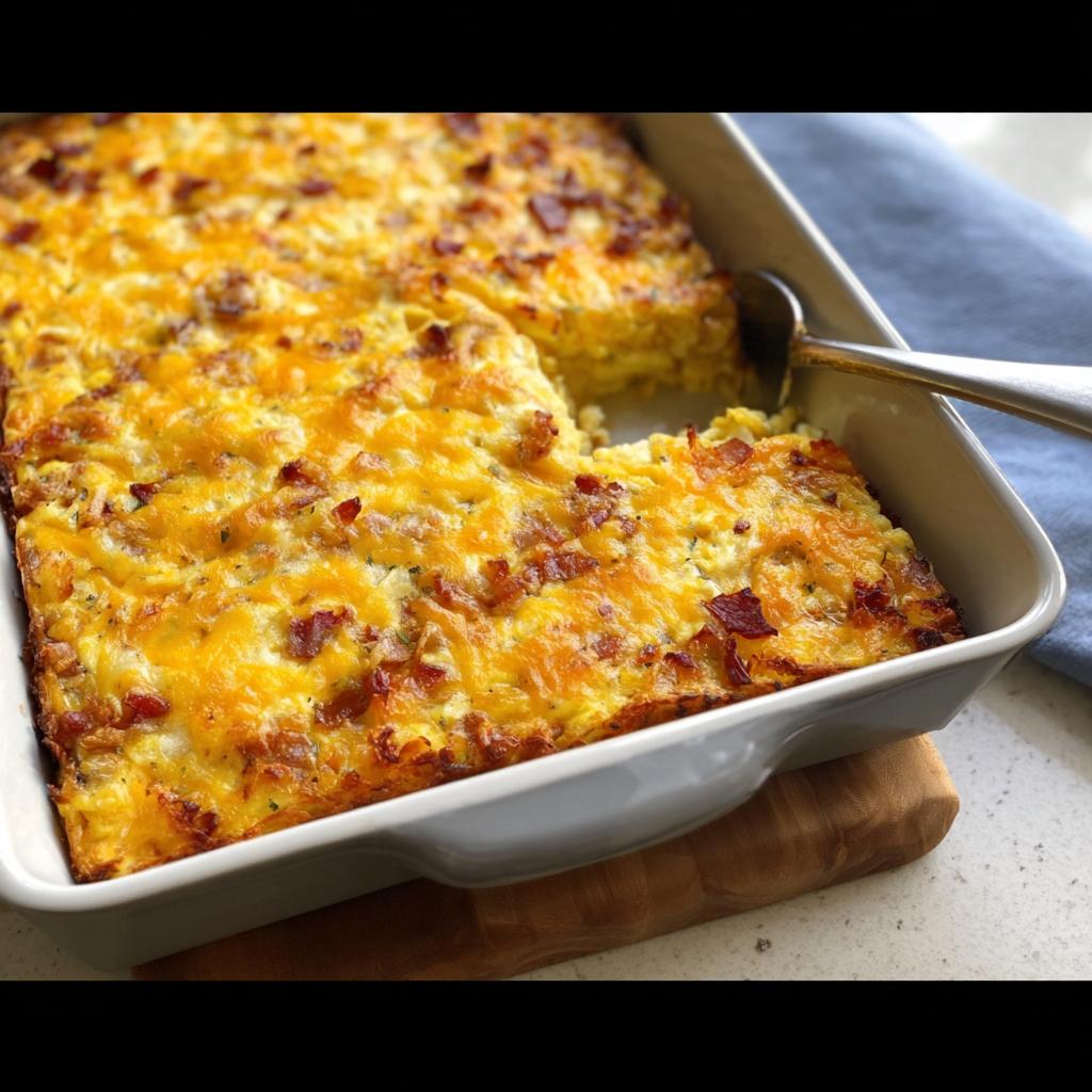 A golden-brown breakfast casserole topped with melted cheese and bacon bits, a perfect restaurant-style breakfast idea.