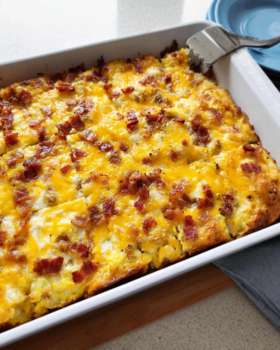 A freshly baked restaurant-style breakfast casserole topped with melted cheddar cheese and crispy bacon bits.