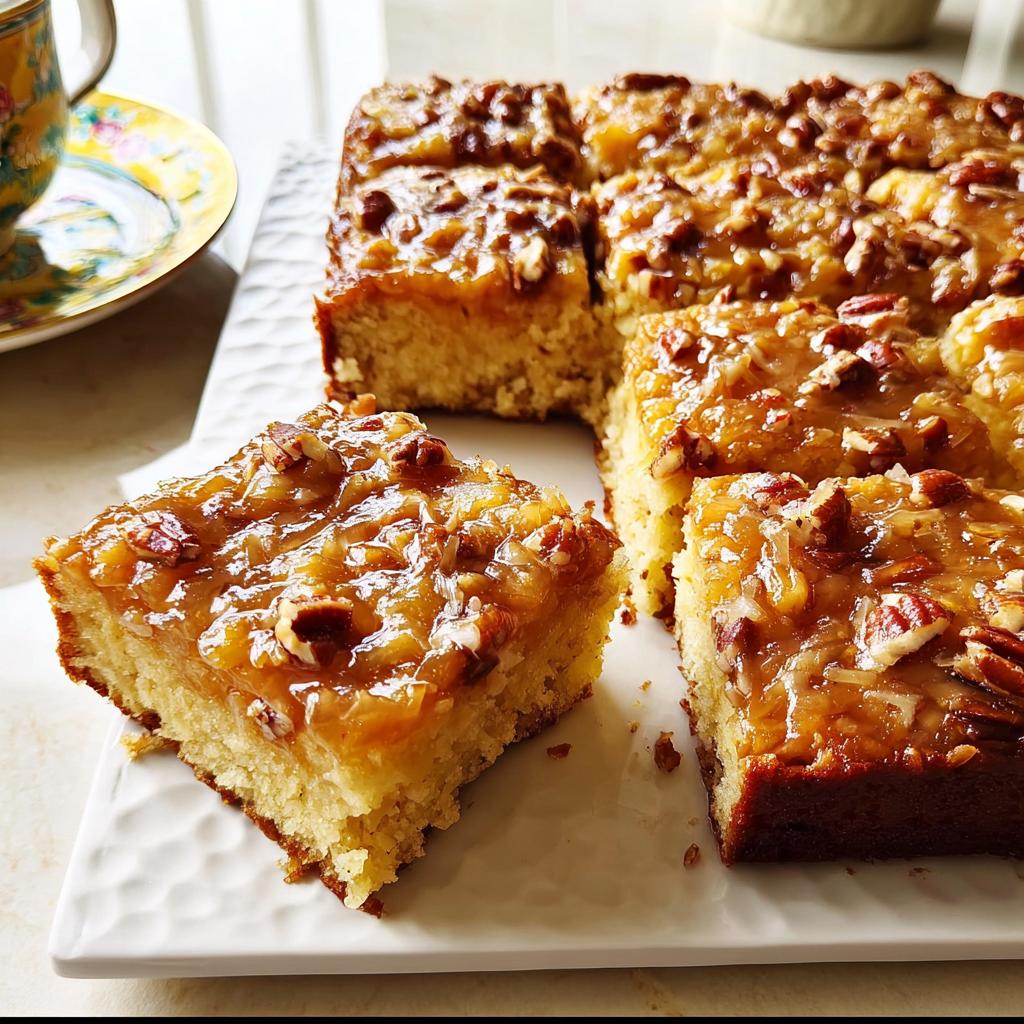 A slice of moist pecan coconut cake with a glossy caramel glaze, showcasing restaurant-style cake ideas recipes at home.