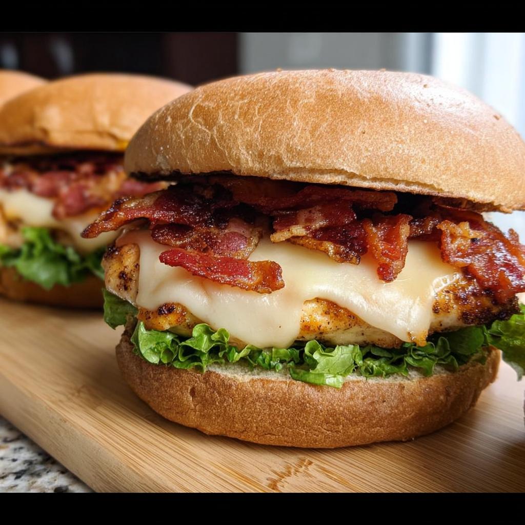 Delicious chicken bacon burger with melted cheese and fresh lettuce, part of Restaurant-Style Easy Dinner Recipes at Home.