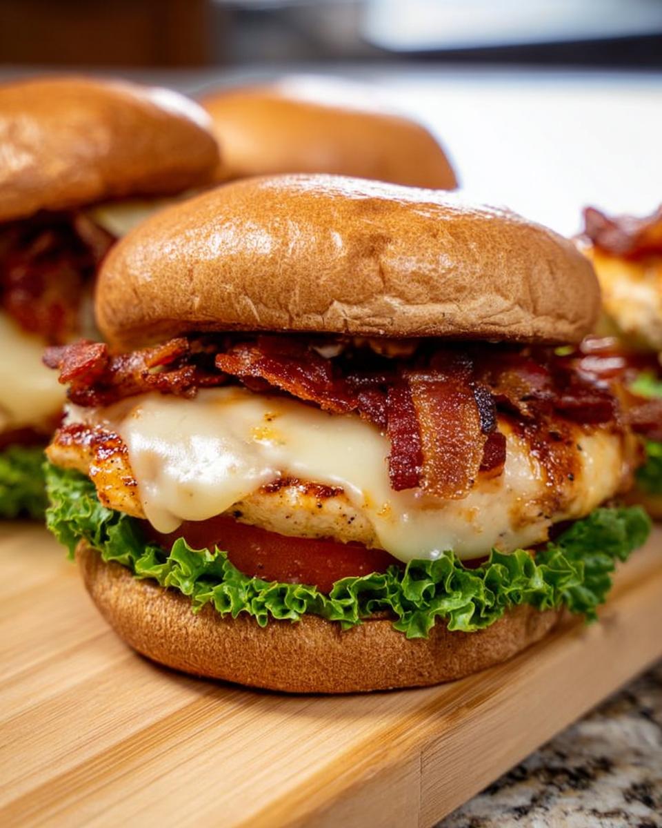A delicious chicken bacon burger with melted cheese, fresh lettuce, and tomato, perfect for restaurant-style easy dinner recipes at home.