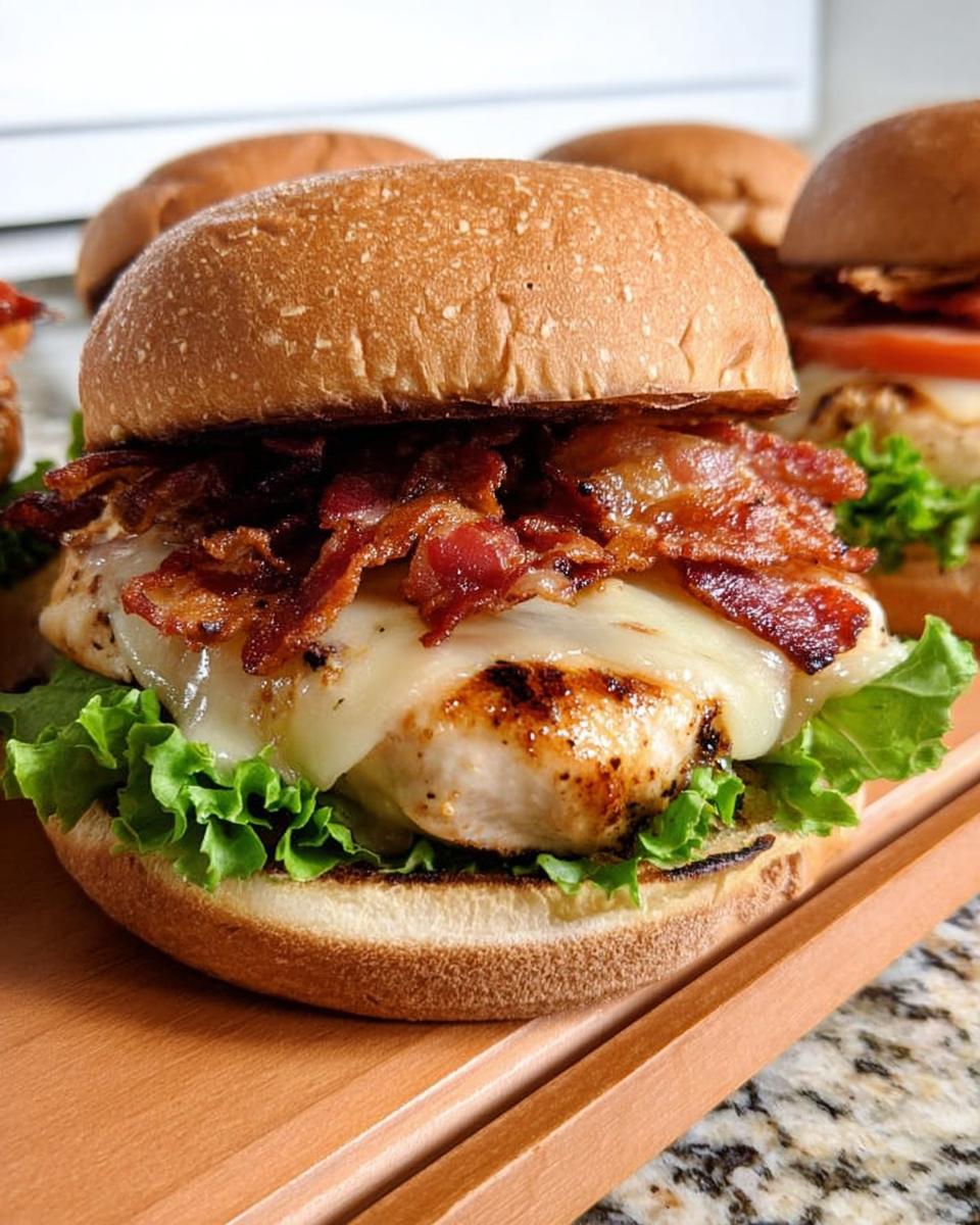 Close-up of a juicy chicken bacon burger with melted cheese and lettuce, part of Restaurant-Style Easy Dinner Recipes at Home.