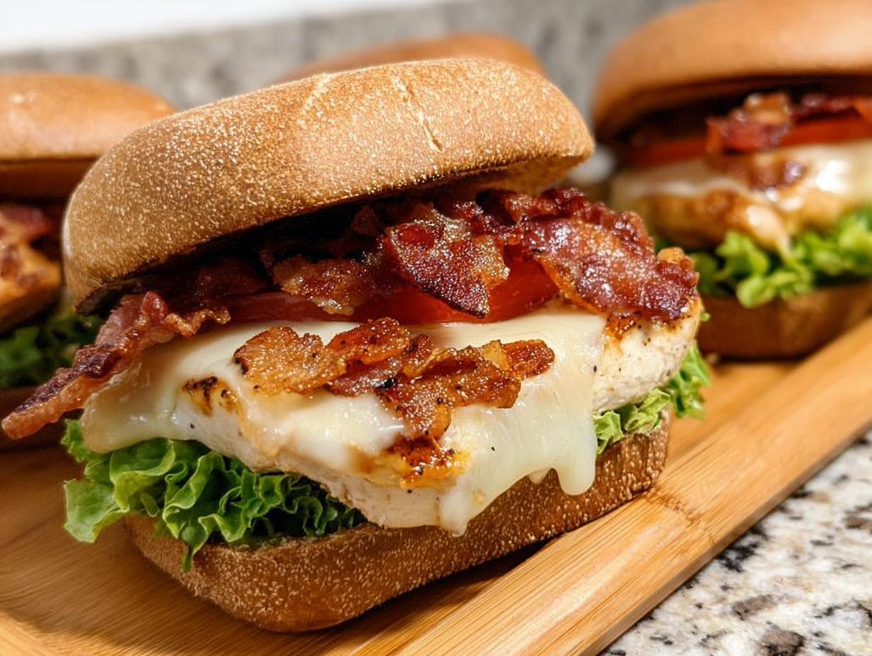 Close-up of a restaurant-style chicken bacon burger with melted cheese, lettuce, and tomato, part of easy dinner recipes at home.