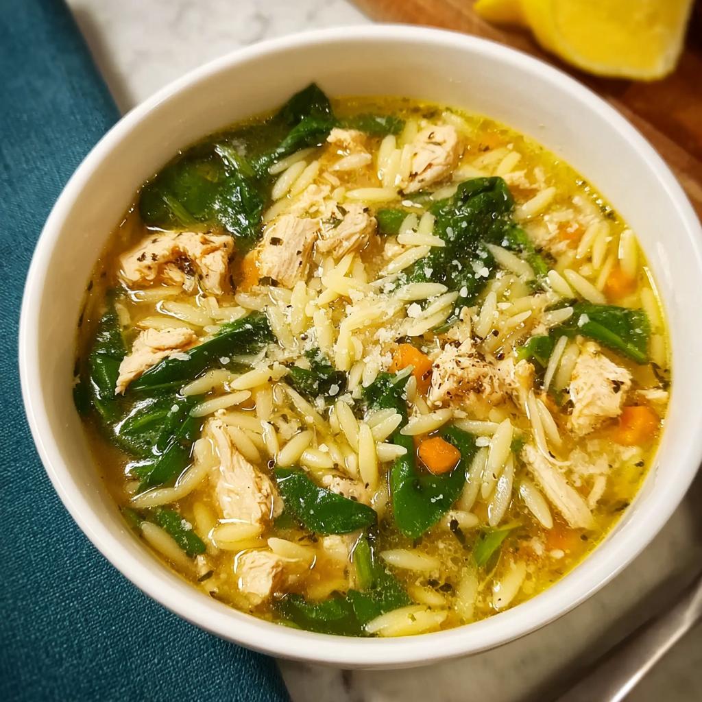 A bowl of restaurant-style chicken orzo soup with spinach, carrots, and shredded chicken, topped with Parmesan cheese.