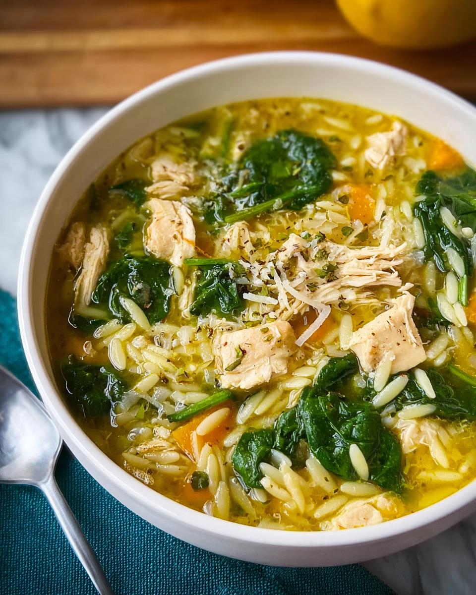 A close-up of a bowl of restaurant-style chicken orzo soup with spinach and shredded chicken.