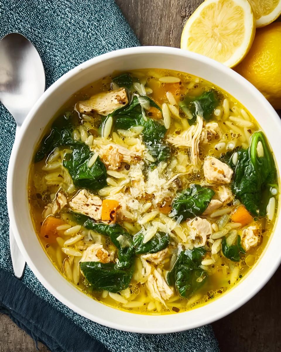 A bowl of restaurant-style chicken orzo soup with spinach and lemon, a perfect example of restaurant-style soup recipes at home.