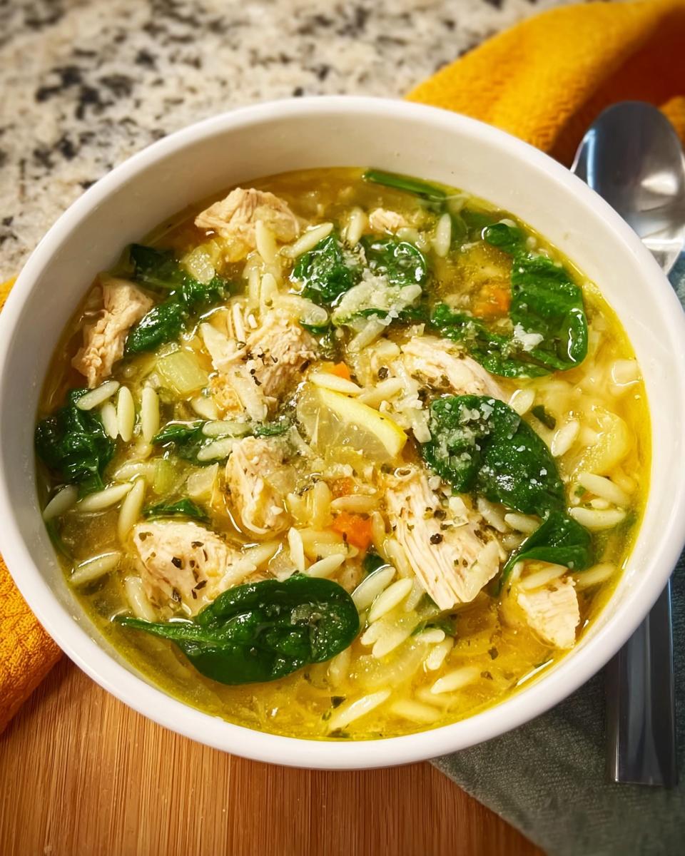 A bowl of restaurant-style chicken orzo soup with spinach, lemon, and shredded chicken.