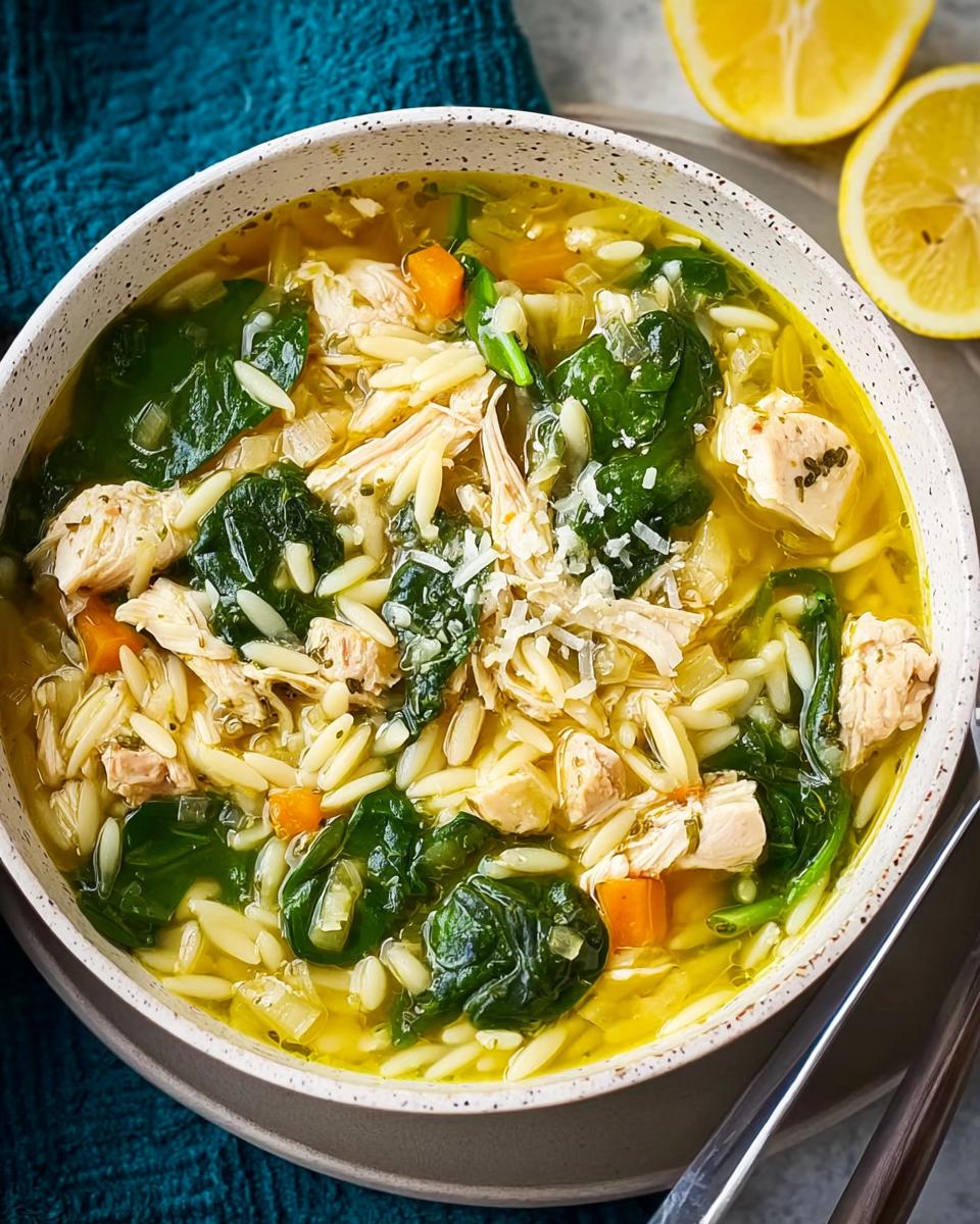A close-up of a bowl of restaurant-style chicken orzo soup with spinach and carrots, topped with Parmesan cheese.