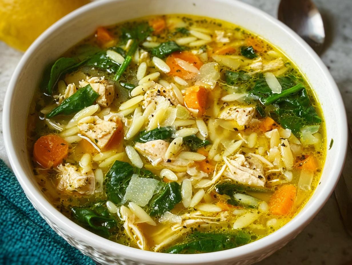 A bowl of steaming chicken orzo soup with carrots, spinach, and herbs, perfect for restaurant-style soup recipes at home.