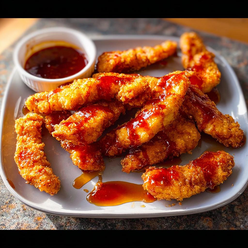 Golden brown, crispy chicken strips drizzled with a sweet and savory sauce, served with a side of dipping sauce.