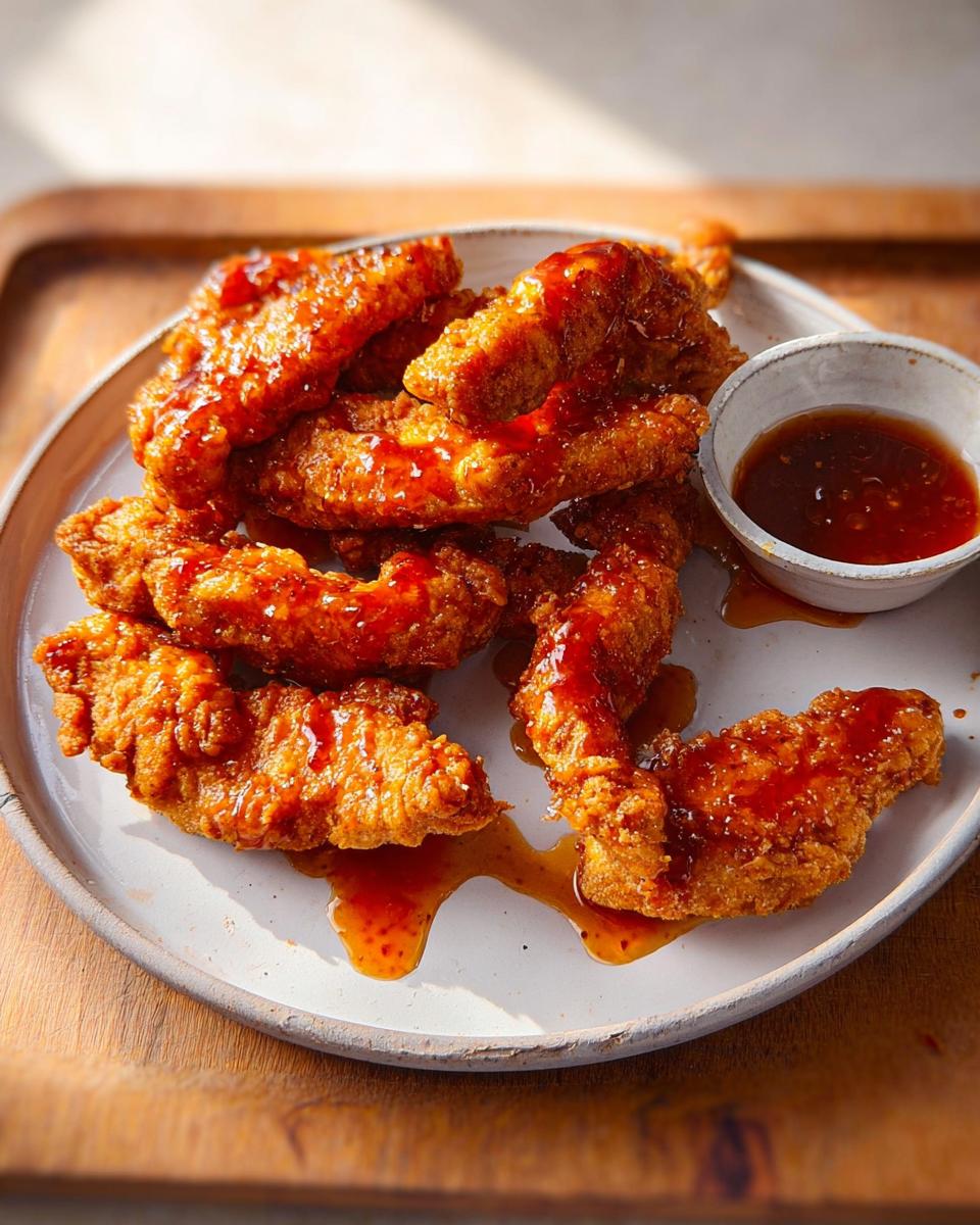 Golden brown, crispy fried chicken strips coated in a shiny, sweet glaze, served with a side of dipping sauce. A perfect example of restaurant-style chicken recipes at home.