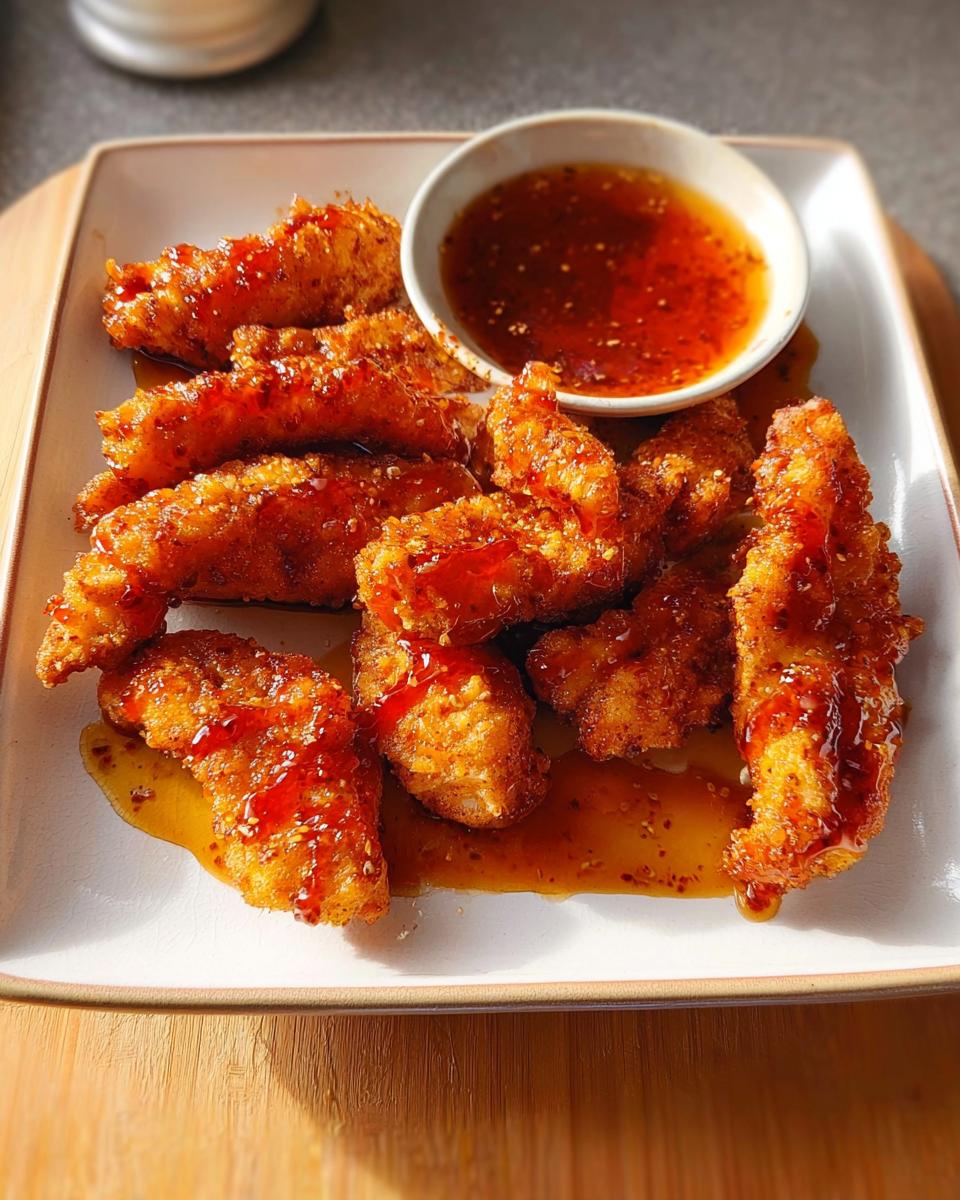 Crispy, breaded chicken strips glazed with a sweet chili sauce, served with a side of dipping sauce. A perfect restaurant-style chicken recipe.