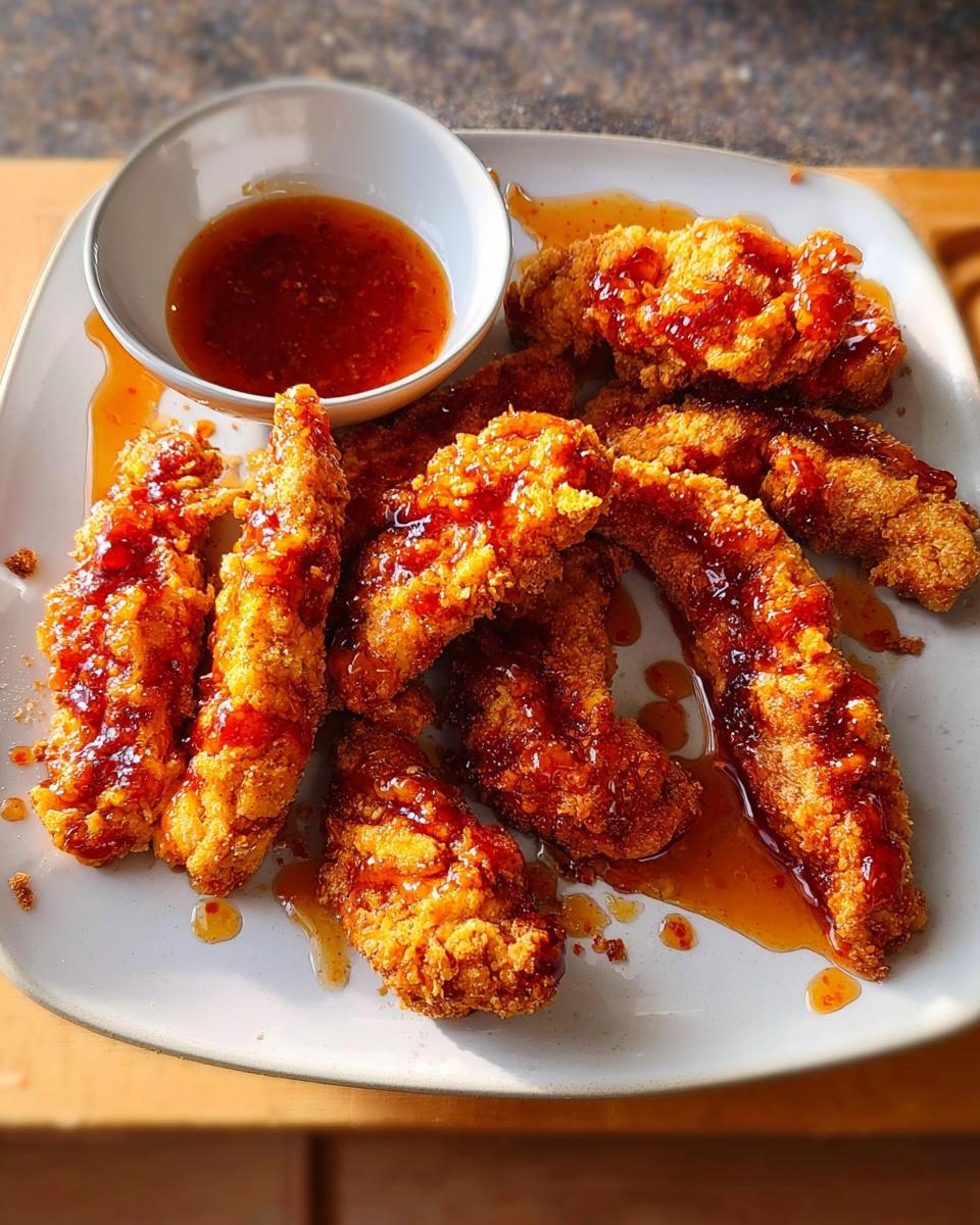 Plate of crispy fried chicken tenders drizzled with a sweet, sticky glaze, served with a side of dipping sauce. A restaurant-style chicken recipe.