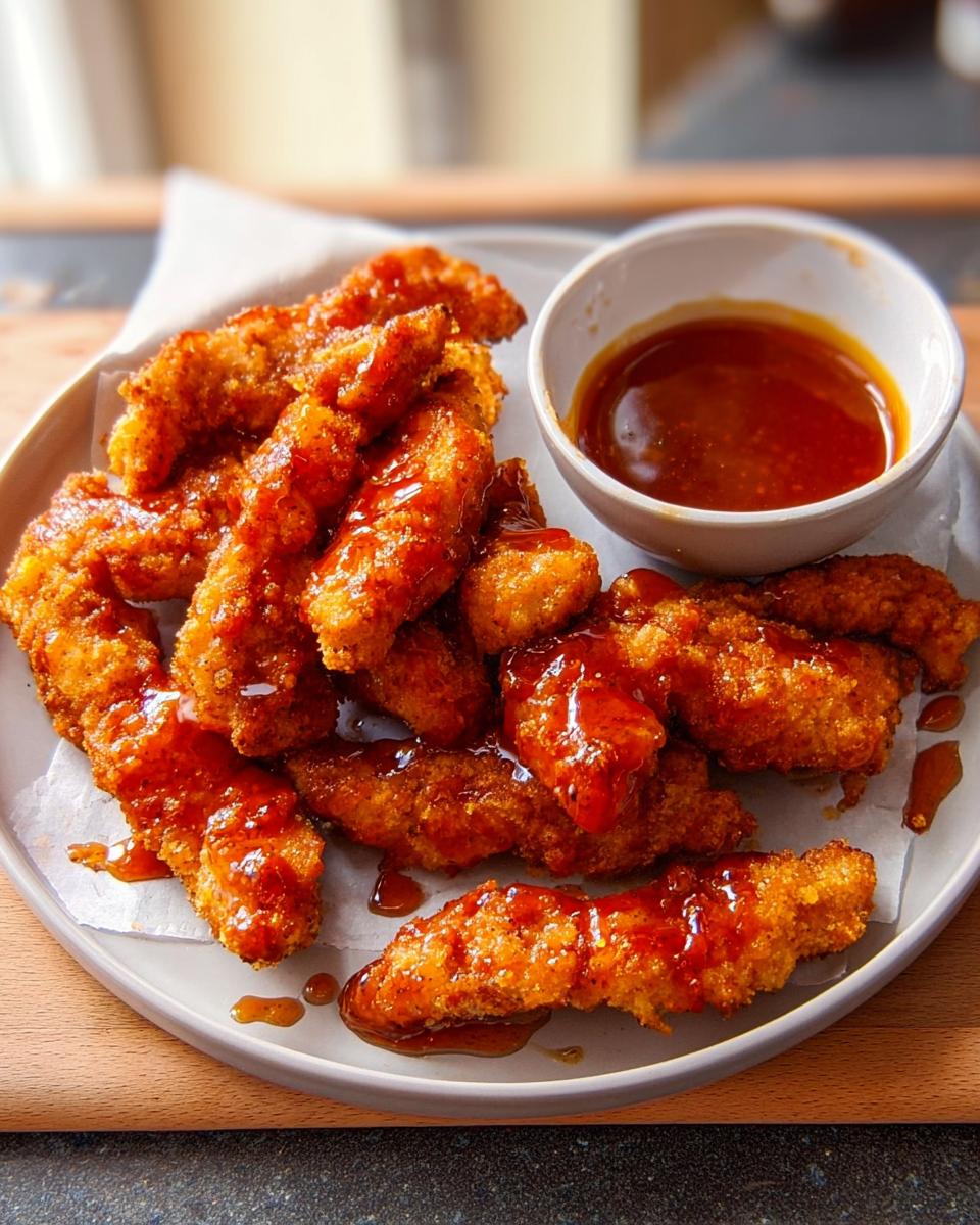 Golden brown, crispy chicken tenders drizzled with a glossy sauce, served with a side of dipping sauce. A perfect example of restaurant-style chicken recipes at home.