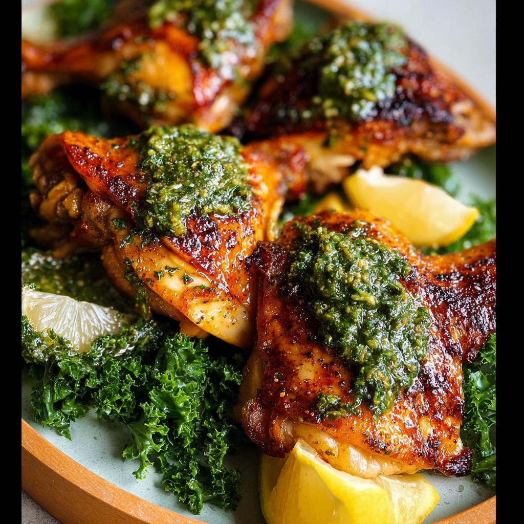 Close-up of juicy restaurant-style chicken thighs, topped with vibrant green sauce and served with lemon wedges and kale.