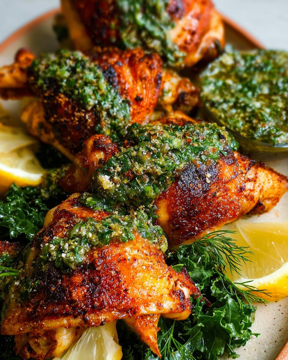 Close-up of juicy restaurant-style chicken thighs topped with fresh gremolata and served with lemon slices and kale.