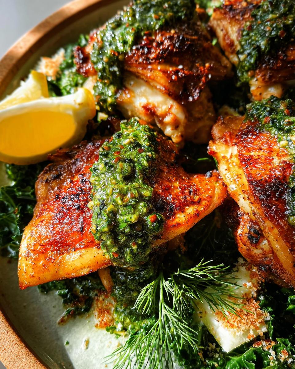 Close-up of juicy, pan-seared restaurant-style chicken thighs topped with vibrant gremolata, served over kale with a lemon wedge.