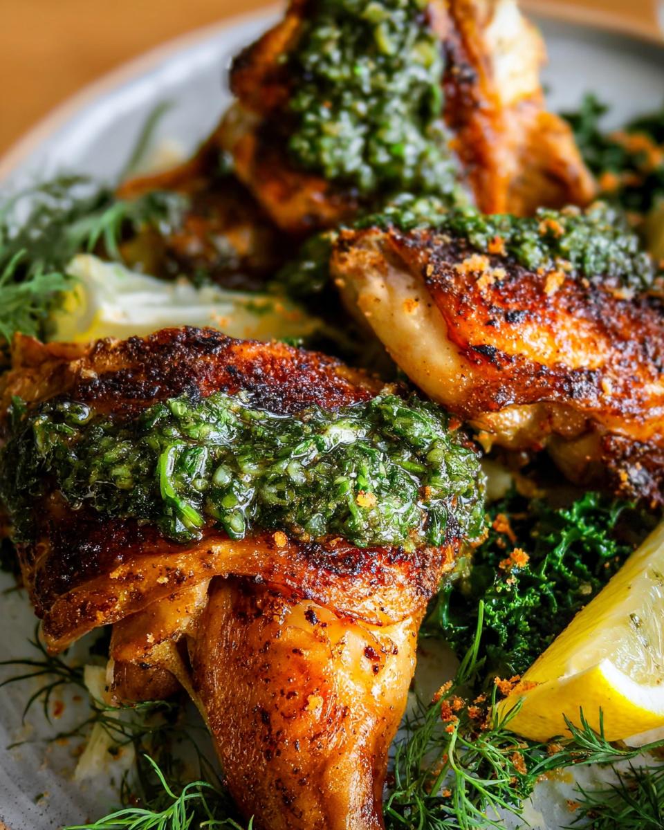 Close-up of perfectly cooked restaurant-style chicken thighs topped with a vibrant green herb sauce, served with greens and lemon.