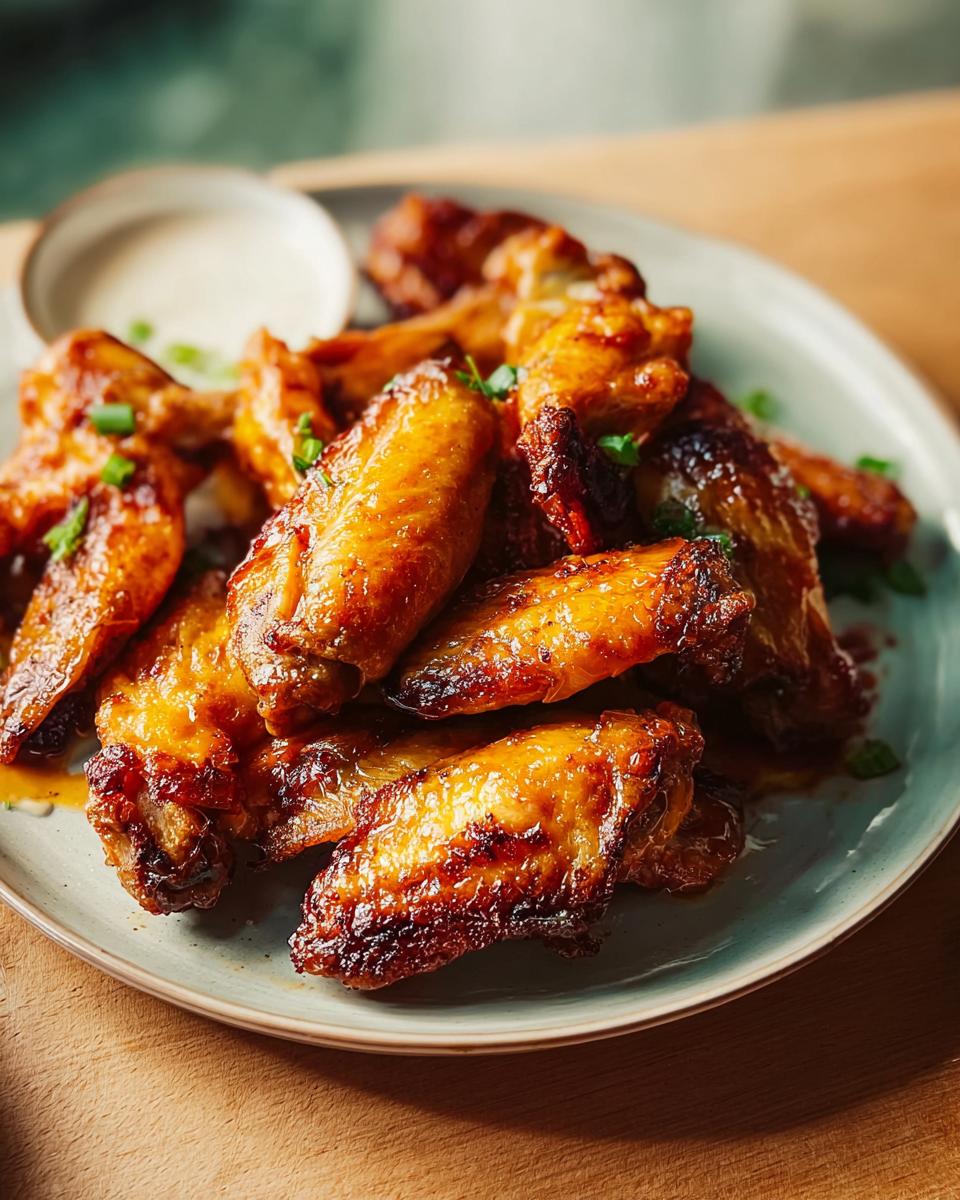 A plate of glossy, golden-brown restaurant-style chicken wings, garnished with chopped green onions.